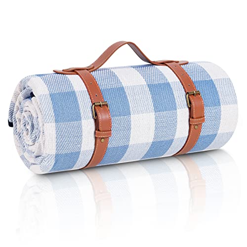 sapsisel 80”x 80” Picnic Blanket Extra Large, Waterproof and Foldable Beach Blanket, 3-Layer Outdoor Blanket for 6 to 8 Adults, for Camping, Park, Beach, Grass, Indoors… - color: White & Blue Grids