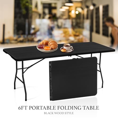 AJP Distributors 6 Foot Portable Plastic Folding Table 6FT 72" Half Foldable Heavy Duty Top w/Carry Handle - Indoor Outdoor Camping Picnic Party Wedding Dining Office Event Meeting Black Wood Style - color: Black Wood Style, size: 6 Foot