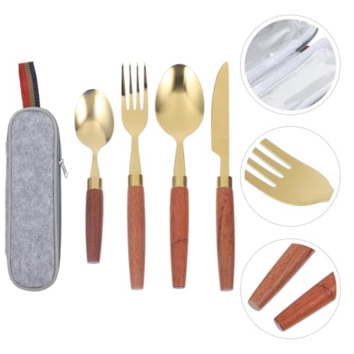 MAGICLULU Vintage Wood Handle Camping Cutlery Set 4pcs Stainless Steel Flatware Kit with Gold-grey Carry Bag for Outdoor Picnic and Hiking