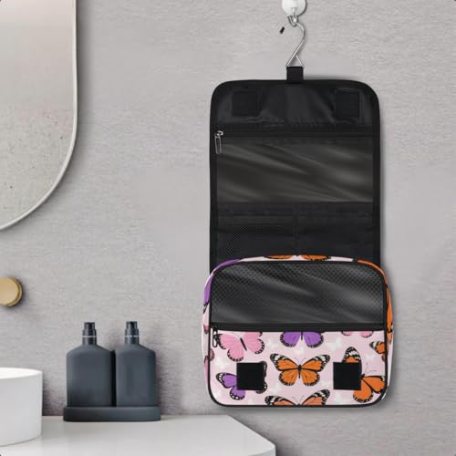 Colorful Butterflies Pattern Kids Toiletry Bag for Girls, Waterproof Hanging Makeup Organizer Travel Cosmetic Bag with Hook, Portable Toiletries Case for Sleepovers School Vacations - color: Colorful Butterflies Pattern