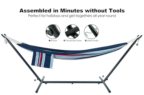 GAFETE Double Hammock with Stand for Outside, Upgraded Spreader Bar, Heavy Duty Space Saving Steel Stand 2 Person, Convenient Pockets, Easy Assembly, 600lbs Weight Capacity, Indoor & Outdoor (Night) - color: Night