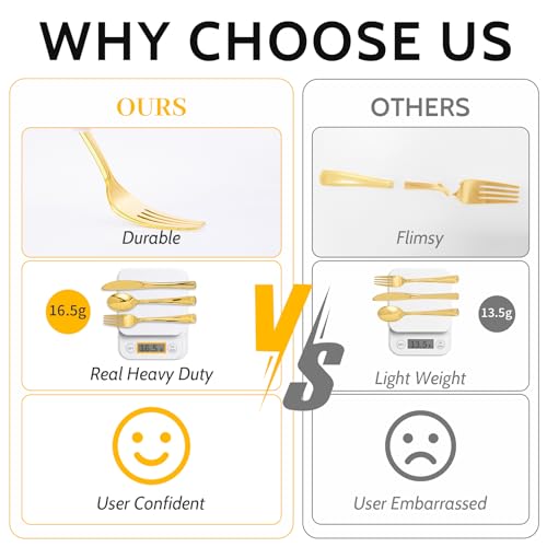 N9R 300PCS Gold Plastic Silverware, Heavy Duty Gold Plastic Cutlery Set Disposable Flatware Dinnerware, 100 Forks, 100 Spoons, 100 Knives, Perfect for Party, Wedding and Daily Use - color: Gold-300Pack