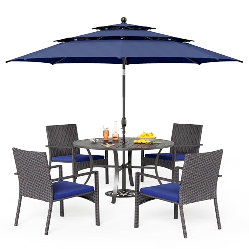 PHI VILLA 5 Pieces Outdoor Dining Set with Umbrella for 4, Round Metal Iron Dining Table & Wicker Chairs with Cushions & Large Blue Umbrella, Morden Dining Furniture for Patio, Deck, Yard, Porch - color: Navy Blue, size: 5PCS 42" Round Table