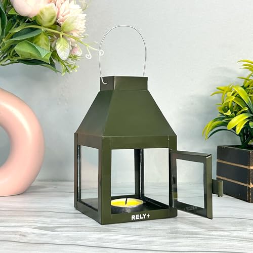 Rely+ Metal Lantern Candle Holder for Indoor & Outdoor Decor, Hanging Tealight Candle Holders for Wedding, Party, Decorations - Modern Home Decor, 5.5 Inch (Green Color) - color: Green