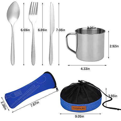 Stainless Steel Camping Cutlery Set - 8 Piece, Includes Spoons, Mugs, Bowls, Plates, Rags & Organizer Straps - Easy to Carry for Backpacking, Camping, Hiking and Picnics - color: Blue