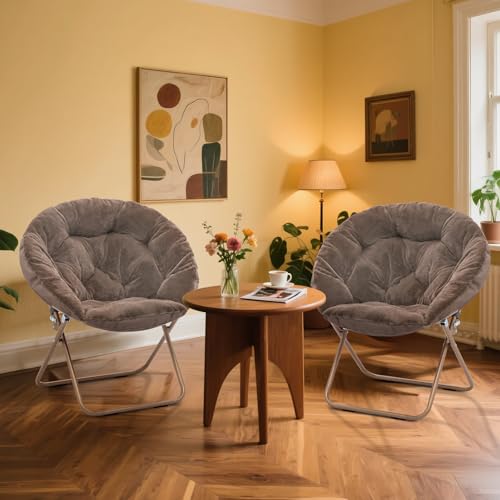 MoNiBloom Round Folding Faux Fur Saucer Chair for Bedroom Living Room Dorm Foldable Metal Frame Oversized Large Comfy Furry Padded Soft Lounge Lazy Cozy Moon Chair for Adults (Beige, 2 Pieces) - color: Beige
