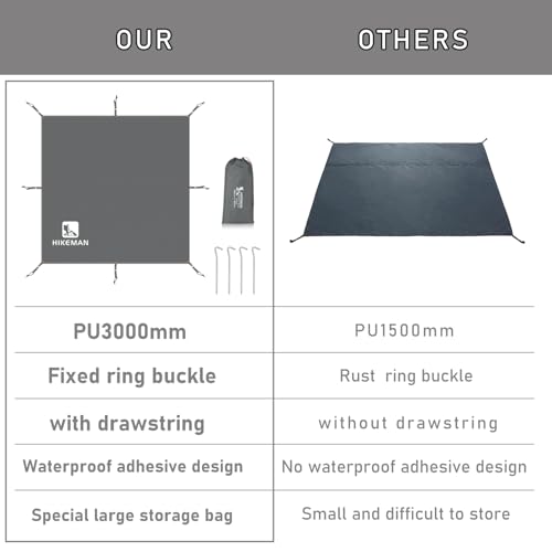 Hikeman Tent Footprint - Waterproof Camping Tarp, Heavy Duty Tent Floor Saver, Ultralight Ground Sheet Mat for Hiking, Backpacking, Hammock, Beach - Storage Bag Included(PU3000mm,140 * 210CM) - color: Updated-grey,140 * 210cm, size: Medium