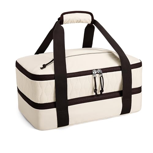 Trunab Insulated Casserole Carrier for Hot or Cold Food, Double Thermal Food Containers, Fit 9x13 Inches Baking Dish Foil Pans, For Picnic Cookouts, Potluck Parties, Beach,Beige (Beige) - color: Beige