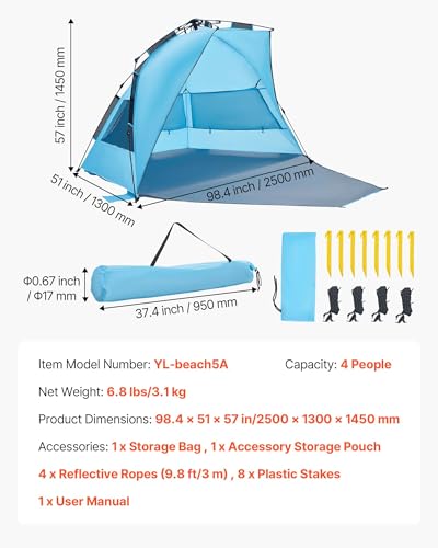 VEVOR Beach Tent Sun Shelter for 4 Person, Pop Up Beach Tent UPF 50+, Portable Sun Shade Beach with Carrying Bag and Sand Pockets, Easy Setup Umbrella for Camping Fishing Outdoor Picnic - size: 4 Person(Pop Up)