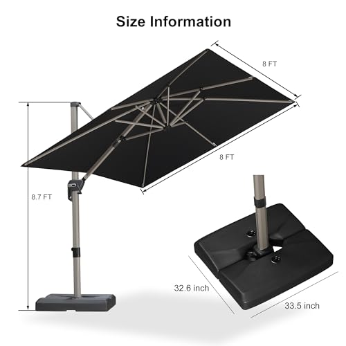 PURPLE LEAF Patio Umbrella with Base Included, 8ft Outdoor Aluminum Cantilever Umbrella with 360° Rotation, Champagne Offset Umbrella for Outdoor Garden Pool, Black - color: Black, size: 8' x 8'