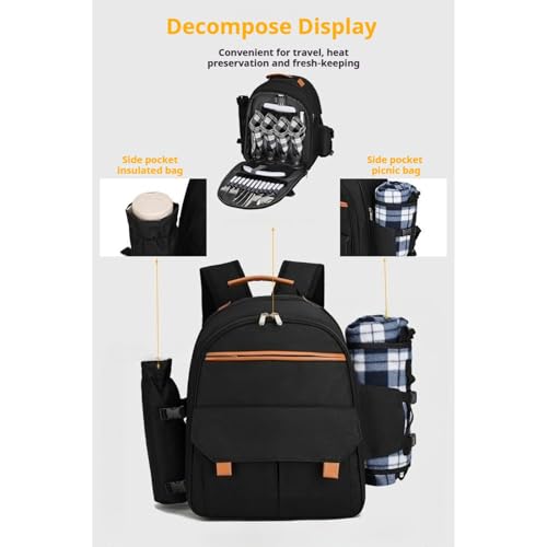 Picnic Backpack for 4 with Plates and Cutlery, Insulated Cooler Bag with Blanket & Wine Holder, All-in-One Outdoor Dining Set for Camping, Beach, Tailgating - 25L (Grey) - color: Gray
