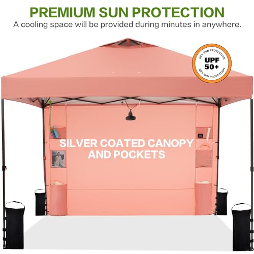 Tunbne 10'x10' Pop Up Canopy Tent with 1 Sidewall and 6 Pockets, One Push Setup, Instant Shade Tent with Vented Roof for Beach Patio Outdoor, Case, 8 Stakes, 4 Ropes, 4 Sandbags (Ocher, 10x10) - color: Ocher, size: 10x10