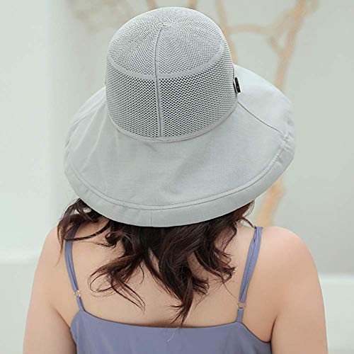 Women Mesh Sun Hats Summer Beach UV Protection UPF Packable Wide Brim Chin Strap - color: Grey