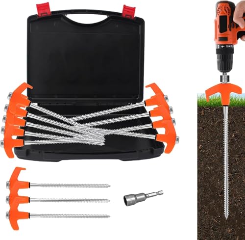 8" Tent Stakes Heavy Duty 12 Pack, Screw in Tent Stakes, Metal Threaded Camping Stakes, Ground Anchors for Canopies, Gardening, Yard Stakes for Inflatables, with Storage Box and Hex Socket - style: 12 PCS Orange