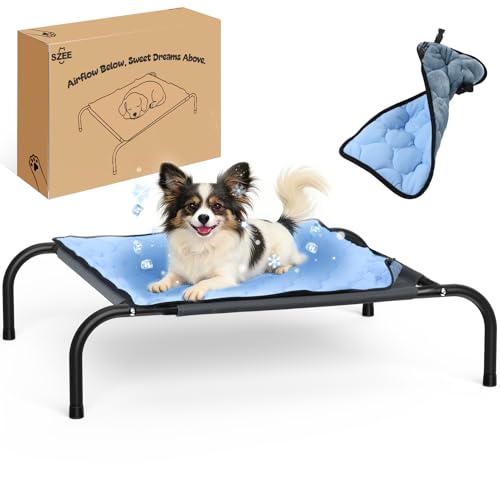 SZEE Raised Dog Bed with Detachable 2-Sided Cooling/Warming Waterproof Mat, Elevated Dog Cot Bed for Small Sized Breeds with Durable Steel Frame & Sturdy Teslin Mesh, Outdoor & Indoor All-Season Use - size: Small