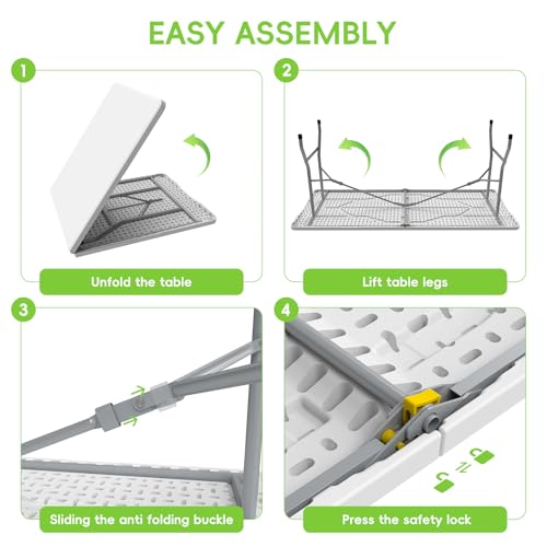 HLPB Folding Table - 2 Pcs, 6 ft Portable Camping Table with Handle and Safety Locks, Foldable Plastic Dining Table for Indoor/Outdoor Use, Perfect for Picnics and Parties