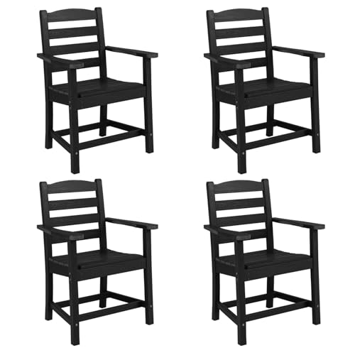 Tangkula Patio Dining Chairs Set of 4, HDPE All Weather Outdoor Chair w/Wide Armrests, Curved Seat, Wood Grain, Plastic Porch Chair for Backyard, Garden, Front Porch, Poolside (Black, 4 Chairs) - color: Black, size: 4 Chairs