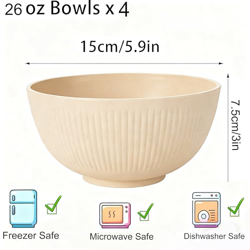 Wheat Straw Bowls Set, 26 oz Unbreakable Soup Bowls, Lightweight Anti-Scald Cereal Bowls, Microwave & Dishwasher Safe for Ramen, Salad, Oatmeal & Rice - color: Beige