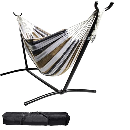Backyard Expressions Double Camping Hammock with Steel Stand & Carrying Bag, Adjustable Height, Ultra Soft Cotton Blend, 550 lb Capacity, Indoor & Outdoor Portable Hammock - color: Desert Sand
