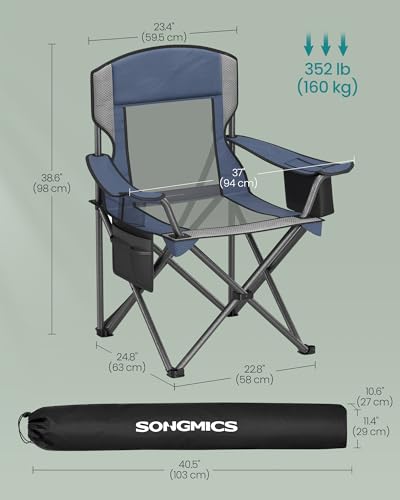 SONGMICS Camping Chair, Folding Oversized Chair, Comfortable and Heavy-Duty, 352 lb Weight Capacity, Adjustable Armrests with Cooler Bag, Storage Bag, Breathable Mesh, Bijou Blue UGCB060Q01 - color: Blue, style: 1PC (24.8"D x 37"W x 38.6"H)