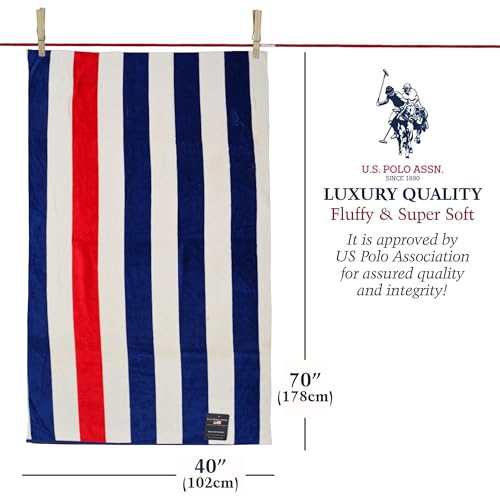 U.S. Polo Assn. Oversized (40” x 70”) Striped Nautical Design Beach Towel - Luxury Plush Cotton Hotel Quality for Bath, Pool - Cabana Stripe Navy/Red - color: Cabana Stripe Navy/Red, size: 40" x 70"