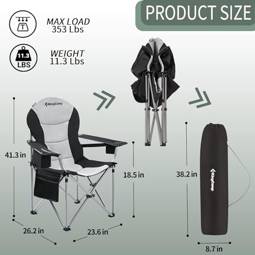 KingCamp Oversized Camping Folding Chair with Lumbar Support, Heavy Duty Ergonomic Padded Arm Chair with Cooler Bag, Cup Holder, Portable for Outdoor - color: Black/Mediumgrey