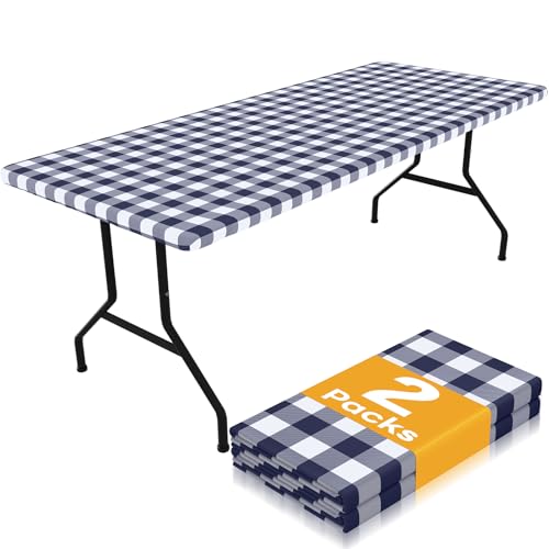 Smiry Picnic Table Cloth 2 Pack, Waterproof Elastic Fitted Tablecloths for 18x72 Rectangle Tables, Washable Polyester Buffalo Plaid Tablecloth for Camping, Dining & Outdoor (Navy & White, 18" x 72") - color: Navy and White, size: 18" x 72"