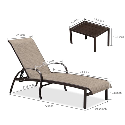 PURPLE LEAF Outdoor Chaise Lounge Chair Set of 3 Patio Pool Lounger Aluminum Chairs with Side Table Adjustable Tanning Recliner for Outside Yard Deck Lawn Garden Beach Brown - color: Brown, size: 2 Chairs & 1 Table