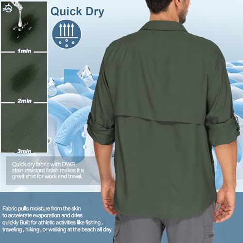 Mens Safari Shirts Long Sleeve UV Protection Hiking Fishing UPF 50+ Quick Dry Camping Travel Shirts - color: Army Green, size: Small