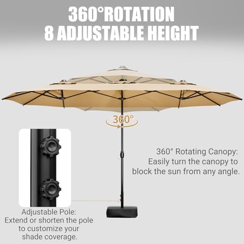 LEVELEVE 15FT Double-Sided Patio Umbrella with Base Included, Large Outdoor Rectangular Market Umbrella for Backyard, Poolside, Lawn & Garden, Khaki - color: Khaki, size: 15FT