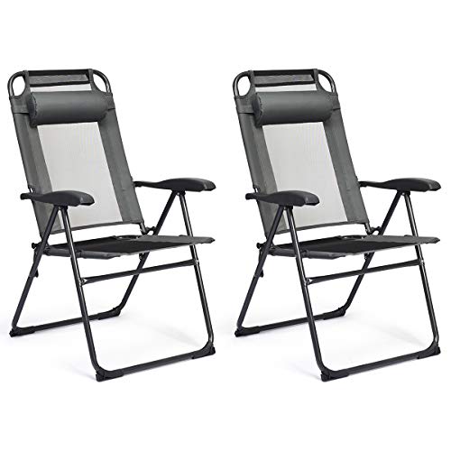 Giantex Set of 2 Patio Dining Chairs, Folding Lounge Chairs with 7 Level Adjustable Backrest, Headrest, 300 Lbs Capacity, Outdoor Portable Chairs with Metal Frame (2, Gray) - color: Grey