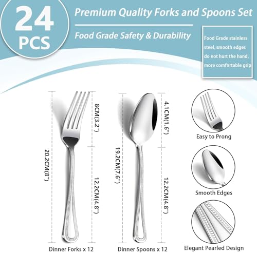 24 PCS Spoons and Forks Set, Food Grade Stainless Steel with Pearl Dot Design Handle Silverware Set, Mirror Polished Dishwasher Safe, Silverware Forks and Spoons for Home or Restaurant - color: Metallic Silver