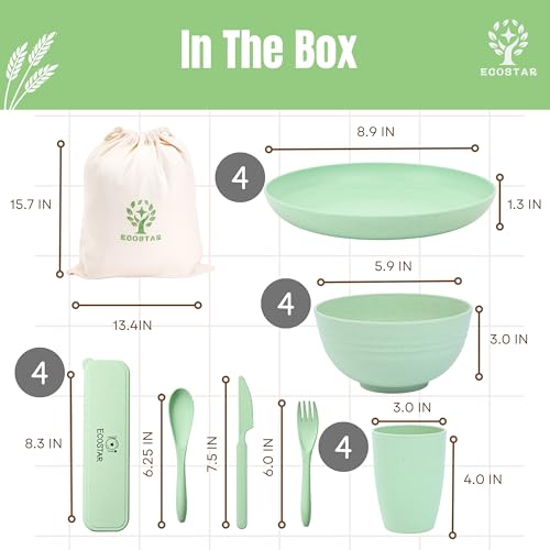 ECOSTAR Wheat Straw Dinnerware Sets Unbreakable Plates Bowls and Cups Reusable Utensils Dishwasher Microwave Safe Bowls and Plates Sets (Green) - color: Green