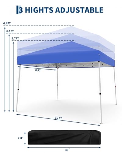 10x10ft Pop Up Canopy Tent with Slant Legs – Outdoor Instant Gazebo Shelter, UV-Resistant Waterproof Cover, Adjustable Height, Carrying Bag – 8x8ft Shade for Patio, Beach, Garden, Events - color: Blue