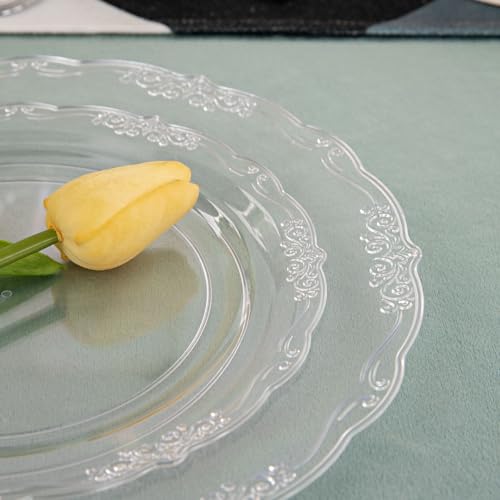 U-QE 100 Pieces Clear Plastic Plates - Clear Disposable Plates - Premium Hard Plastic Plates for Party, Holiday and Party Use Including 50 Dinner 10 '' & 50 Dessert Platos 7.5 '' - color: Clear