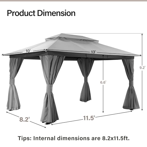 LAUSAINT HOME Gazebo 10x13ft, Heavy Duty Patio Gazebo with Expansion Bolts, Party Canopy Tent with Double Roofs, Mosquito Nettings and Privacy Screens for Backyard, Garden, Lawn, Grey - color: Gray, size: 10'x13'