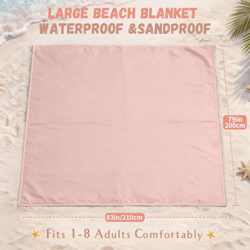 AlphaBeing Beach Blanket Waterproof Sandproof, Extra Large Beach Mat for 1–8 Adults, Oversized Picnic Blanket with 4 Stakes & Storage Bag, Essential Beach Gear for Travel - color: Pink, size: 120“×108”
