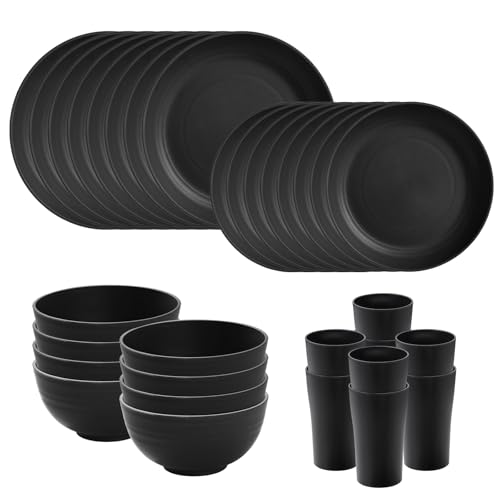 32-Piece Kitchen Plastic Wheat Straw Dinnerware Sets, Service for 8, Unbreakable Modern Dish Set - Dinner Plate/Dessert Plates/Cereal Bowl/Cup, for Apartment Essentials, Outdoor Camping,Black - color: Black, size: 32 Piece Wheat Straw Dinnerware Sets