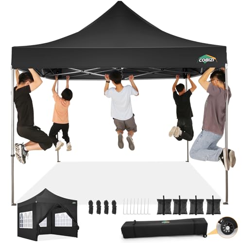 COBIZI 10x10 Pop Up Canopy Tent with 4 sidewalls Commercial Heavy Duty Canopy UPF 50+ All Weather Waterproof Outdoor Canopy Wedding Tents for Parties Gazebo with Roller Bag, Black (Windproof Upgraded) - color: Black, size: 10x10 with Sidewalls