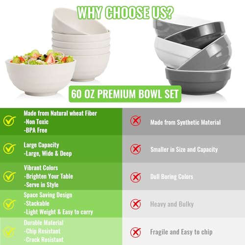 Large Salad Bowl, Wheat Straw Bowls Set 60 OZ, Unbreakable Big Bowls Set of 6, Large Serving Bowls for Kitchen, Cereal, Ramen, Soup, Microwave & Dishwasher Safe, White - color: White, size: 60 Oz
