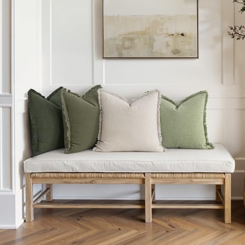 MIULEE Decorative Couch Pillow Covers Neutral Linen Fringe Throw Pillows Set of 4 Boho Farmhouse Accent Cushions for Bed Sofa Living Room Spring Home Decor 18x18 Inch Beige/Sage Green - color: Sage Green, size: 18" x 18" (Pack of 4)