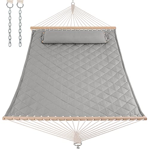 ANOW Heavy Duty Hammock with Spreader Bars and Detachable Pillow, 2 Person Hammock for Outdoors Indoors, 450 LBS Weight Capacity, Light Gray - color: Light Gray, size: 2 Person Without Stand