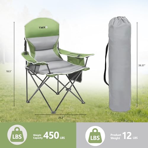 XMT Extra Wide Armrests Portable Folding Chair with Cup Holder Cooler Bag Heavy Duty 600D Oxford Fabric Supports 450lbs Compact Foldable Camping Chair for Outdoor Beach Picnic Sports - color: 02-green