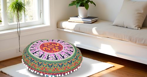 CRAFT KALA 22" Bohemian Floor Pillow Pouf Cover Mandala Boho Large Round Meditation Room Pillow Covers for Adults Seating Poufs Cushion Cover for Kids Playroom Multi 6 Color