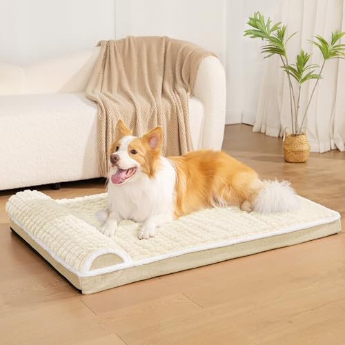 Orthopedic XL Dog Bed Large Sized Dog with Pillow 48''X30'', Waterproof Soft Comfortable Egg Crate Foam Pet Crate Beds Mat with Removable Washable Cover and Non-Slip Bottom, Cream - color: Cream, size: 48"l X 30"w X 3.5"th
