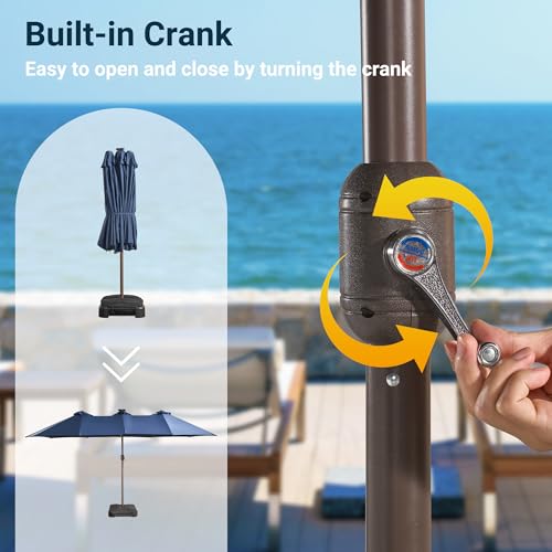 HOOOWOOO Outdoor Patio Umbrella With Solar Light,15 Ft Large Beach Umbrella,UV Protection Picnic Market Parasol Sunshade W Base Crank Handle For Backyard Deck Pool Shade - color: Blue