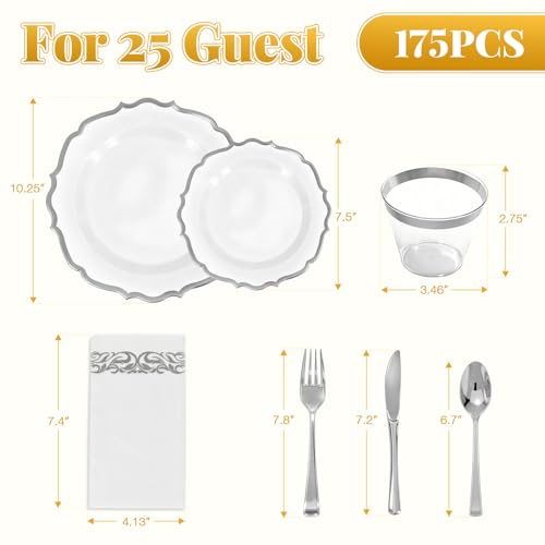 175 Plastic Dinnerware Set Silver Disposable Dinnerware Set for 25 Guests Include 50 Plastic Plates,25 Silverware Set 25 Cups and 25 Napkins for Party Wedding Thanksgiving - color: Silver