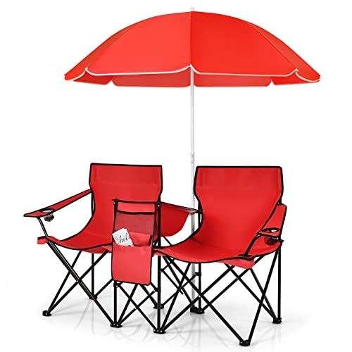 LDAILY LUARANE Folding Double Camping Chair, Outdoor Picnic Chairs w/Removable Umbrella, Mini Table, Cup Holder & Carrying Bag, Portable Camping Loveseat for Patio, Pool, Lawn, Beach, Park (Red) - color: Red