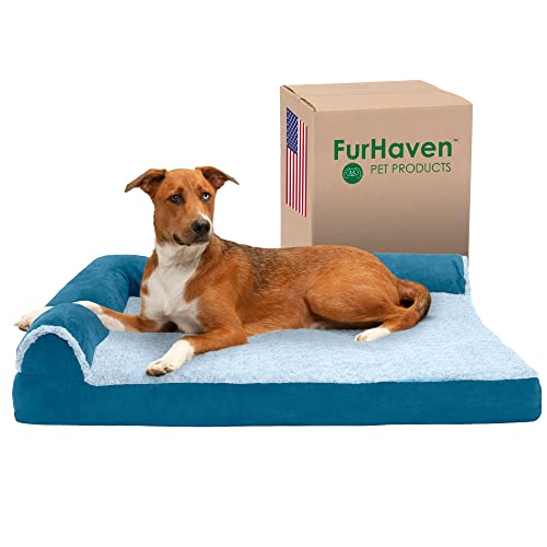 Furhaven Cooling Gel Dog Bed for Large Dogs w/ Removable Bolsters & Washable Cover, For Dogs Up to 95 lbs - Two-Tone Plush Faux Fur & Suede L Shaped Chaise - Marine Blue, Jumbo/XL - color: (Two-Tone Faux Fur & Suede) Marine Blue, size: Jumbo