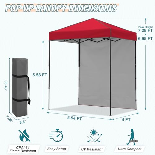EAGLE PEAK 6x4 Instant Pop Up Canopy Tent with 1 Side Wall Panel, Straight Leg Sun Shelter, Portable Canopy with Carry Bag for Camping, Beach & Sports, Red - color: Red, size: One Wall